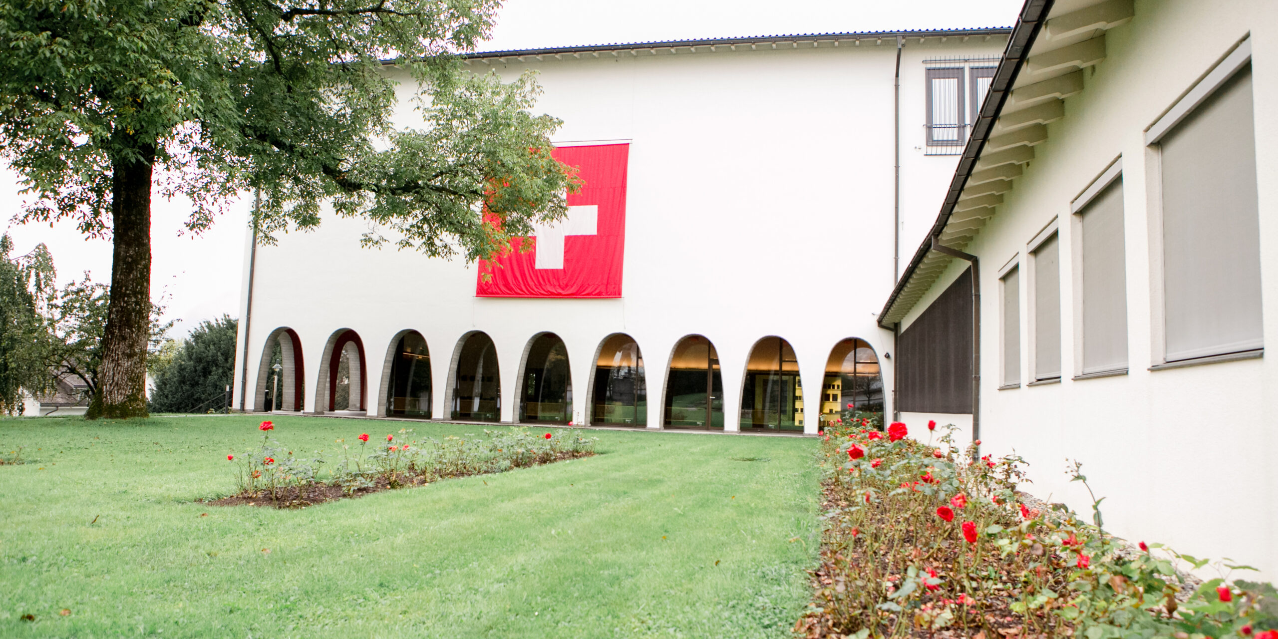 Bundesbriefmuseum Schwyz, Aussenaufnahme mit Wiese, marty architektur