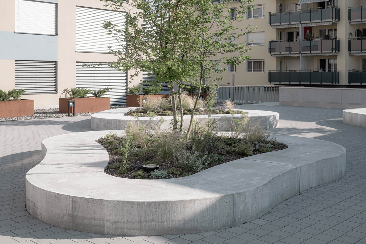 Föhneneich Brunnen, begrünte Insel, marty architektur