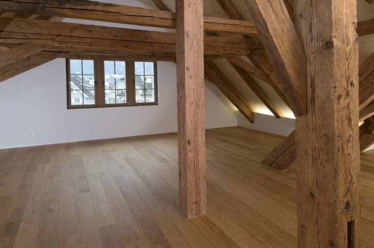 Lehnhof Altdorf, Attikawohnung Dachschrägen mit Balken, marty architektur