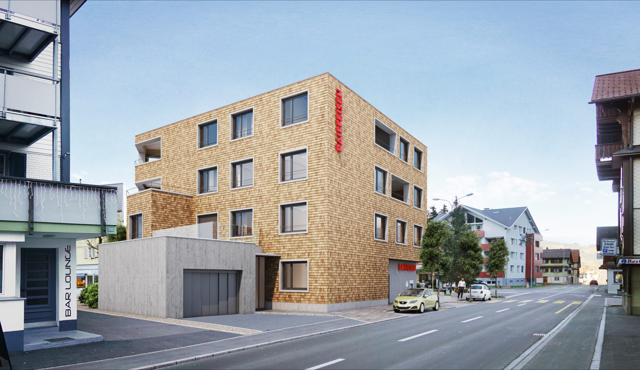 Raiffeisenbank Unteriberg, Aussenvisualisierung, marty architektur