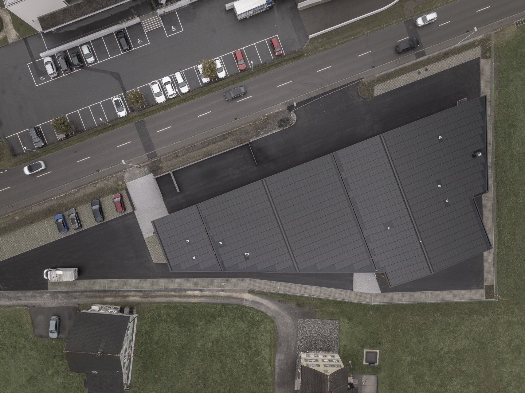 Feuerwehr- EW-Gebäude Wangen, Drohnenaufnahme, marty architektur
