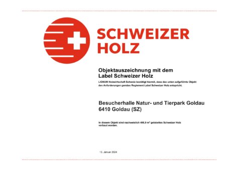 Tierpark Goldau, Zertifikat Schweizer Holz Besucherhalle, marty architektur