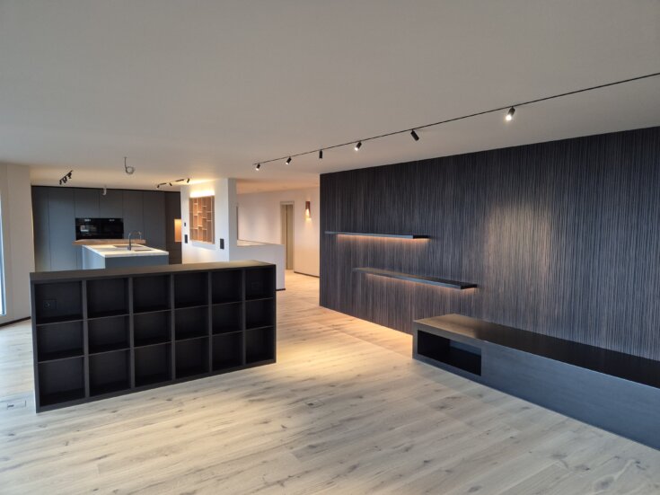 Erlenhalde Wollerau, Wohnzimmer mit Blick in Küche, marty architektur